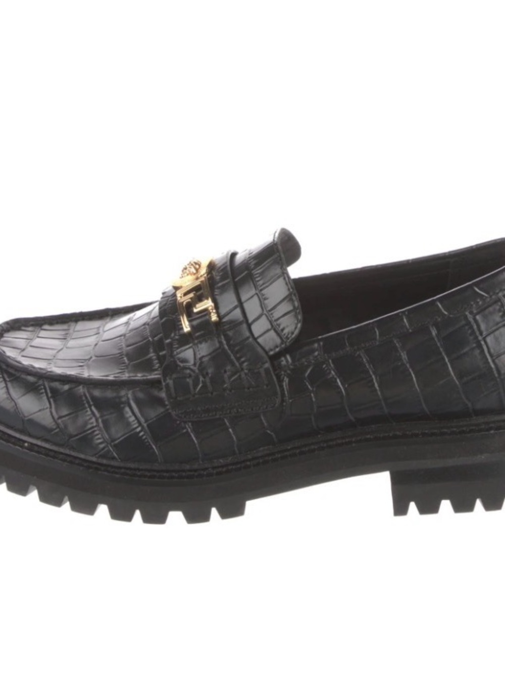Versace size 10 Black Croc-Embossed Leather Loafer with Gold Accent